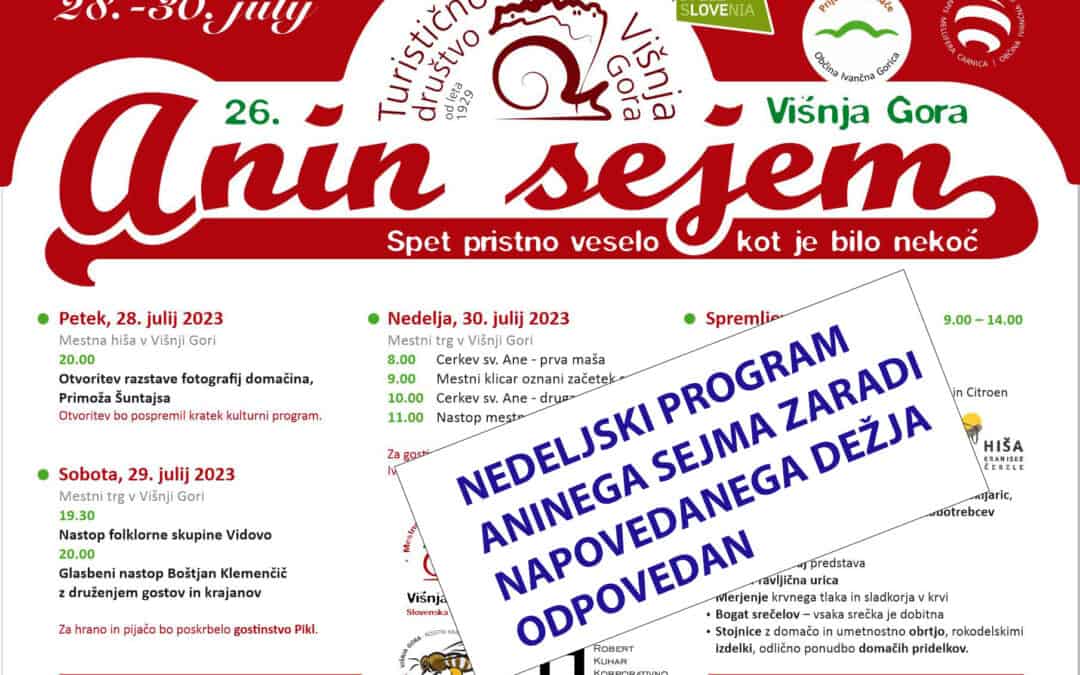 Nedeljski program Aninega sejma zaradi napovedi dežja odpovedan.
